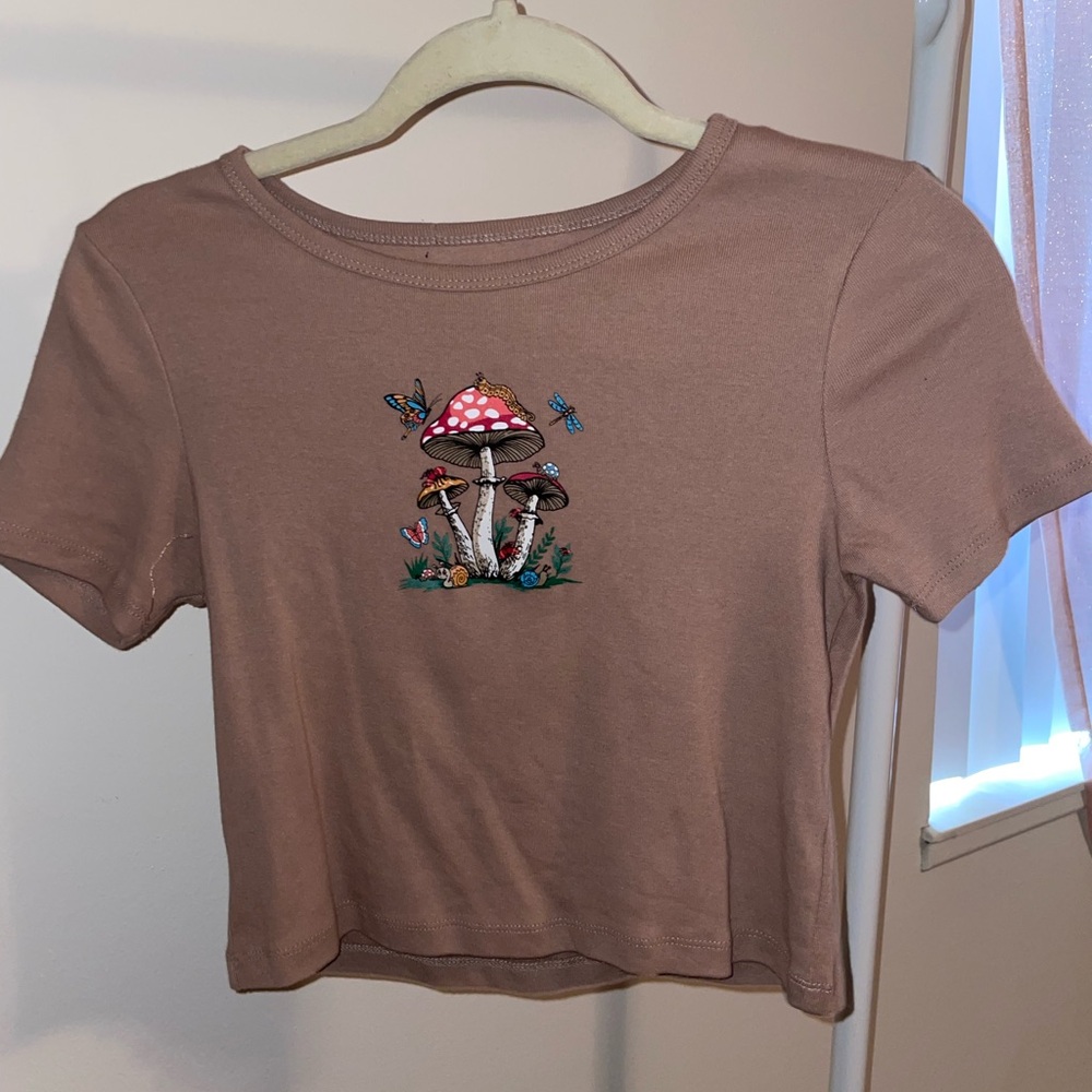 Brown Crop Top with Mushroom Embroidery